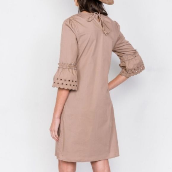 Hidden Alley Taupe 3/4 Sleeve Eyelet Shift Dress - Picture 2 of 10